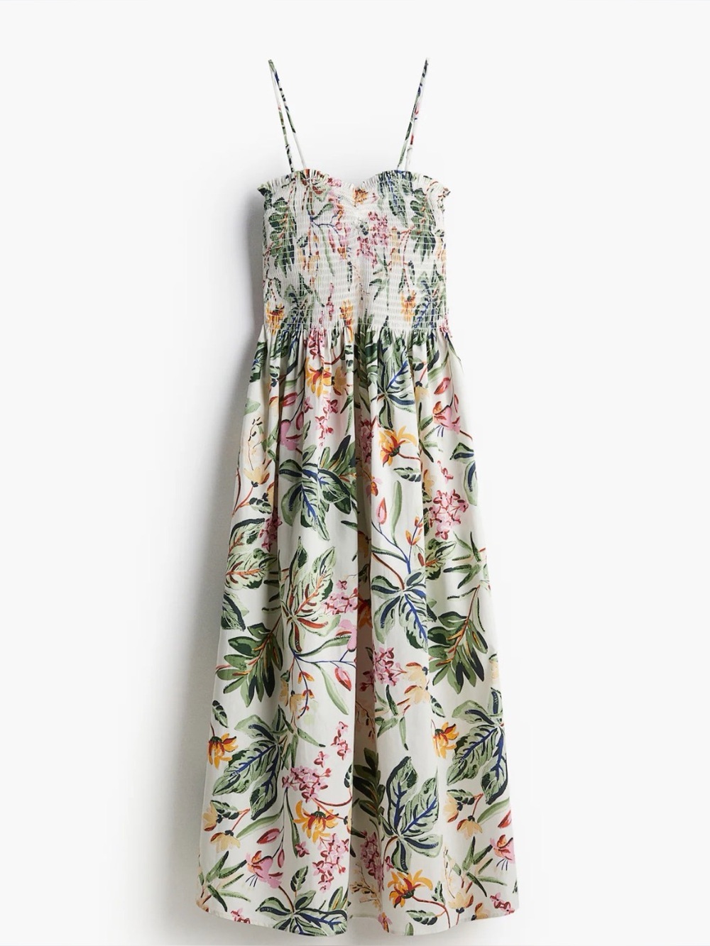 H&M White Floral Maxi Dress with Green Leaves and Pink Accents
